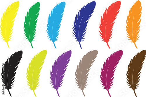 Collection of vividly colored feathers displayed in two rows isolated on white background