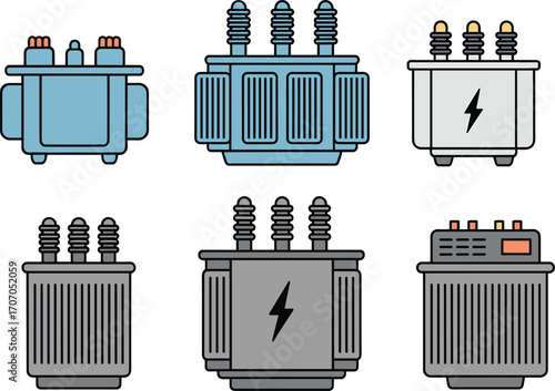 Electrical transformer icons, power distribution equipment, electric energy symbols, utility transformers vector, electrical substation components, industrial power supply designs.