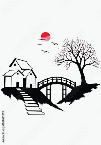 Illustration of silhouette of a traditional japanese house with a bridge and tree under a red sun