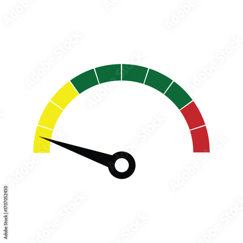 Performance gauge with a needle pointing to the yellow sector, indicating caution or a moderate level of performance against a white background