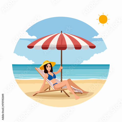 Summer Beach Relaxation Woman Relaxing Under Beach Umbrella