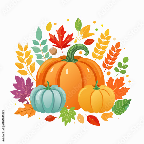 Autumn harvest of pumpkins and colorful fall leaves, ideal for Thanksgiving and seasonal decorations