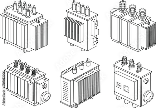 Electrical transformer illustration, power transformer vector, industrial electrical equipment, energy distribution device, electrical power transformer, transformer cooling fins, electrical voltage