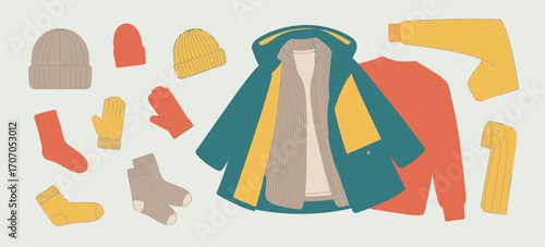 Winter Clothes Vector Set,  Coats, Hats, Gloves, Shoes, and Socks – Fashion Illustration, Cozy Outfit Clipart, Cold Season Apparel, Warm Accessories Icons, Seasonal Wardrobe Flat Design