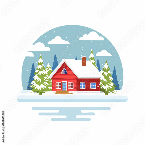 Charming red house nestled among snow-covered pine trees under a gentle snowfall. A picturesque and tranquil winter scene, perfect for cozy holiday themes