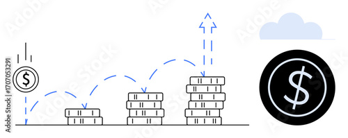 Rising coin stacks with arrows symbolizing profit growth, investment success, and monetary progress. Ideal for finance, investment, savings, wealth management, business strategies, economic growth