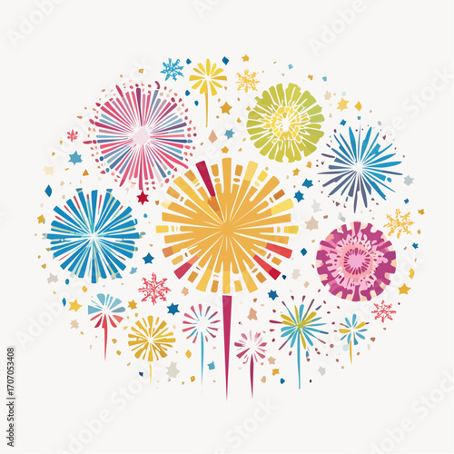 Vibrant and abstract firework bursts in a captivating oval arrangement, symbolizing joy, excitement, and festive celebration for any special occasion or holiday event