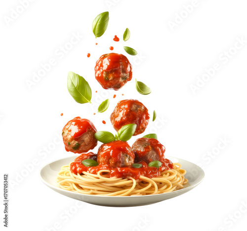 flying meatballs and spaghetti on plate Isolated on Transparent Background