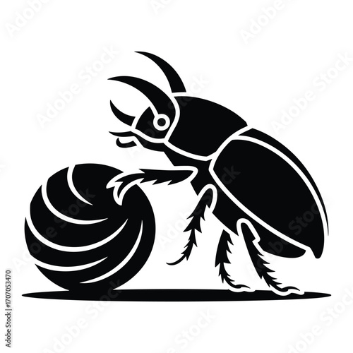 Stylized silhouette of a scarab beetle pushing a ball with its horns