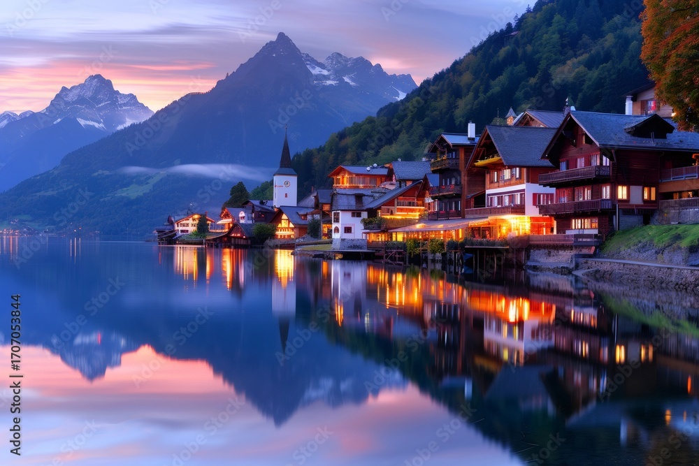 Naklejka premium Beautiful alpine village Hallstatt reflecting on the calm water