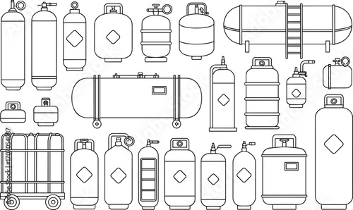 Gas cylinder collection, industrial gas tanks, gas storage containers, compressed gas cylinders, gas pressure vessels, gas tanks vector illustration, industrial gas equipment.