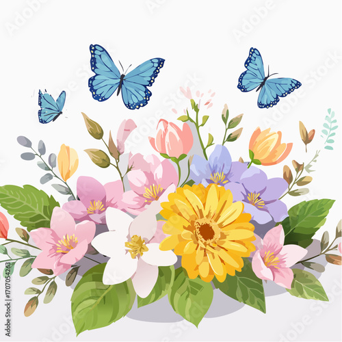 A beautiful watercolor illustration of a vibrant floral bouquet with blooming spring flowers and fluttering blue butterflies