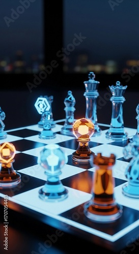 Futuristic chess game with glowing neon glass pieces on a board at night