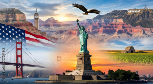Iconic American landmarks and symbols with majestic eagle soaring across the sky