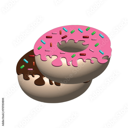 A delectable pair of freshly glazed doughnuts, one with pink frosting and colorful sprinkles and the other with rich chocolate, isolated vector illustration