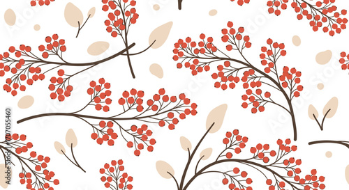 Elegant floral pattern with vibrant red berries and tan leaves on a clean white background