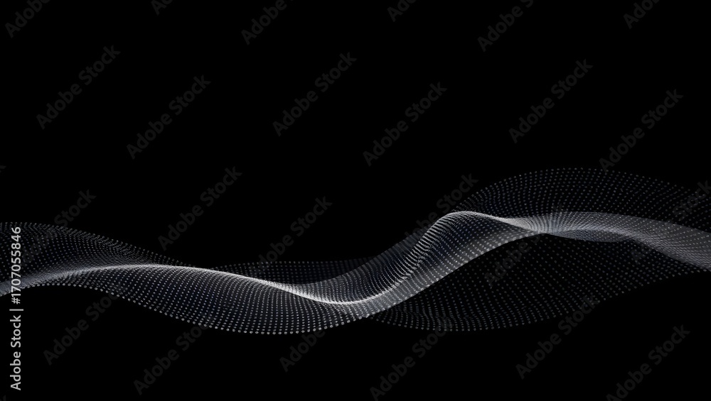 Fototapeta premium Abstract dotted wave gradient background in grayscale, smooth technology lines on dark black surface
