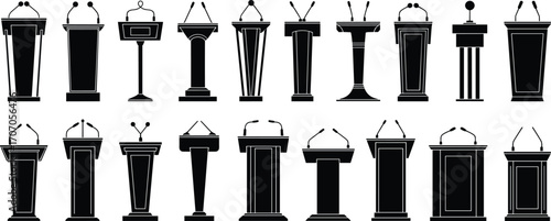 Podium microphone icons set, speaking lectern silhouettes, public speech podium vector, conference stand symbols, presentation podium illustrations, podium with mic.