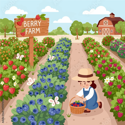 Young girl harvesting fresh blueberries in a basket at a sunny countryside farm illustration