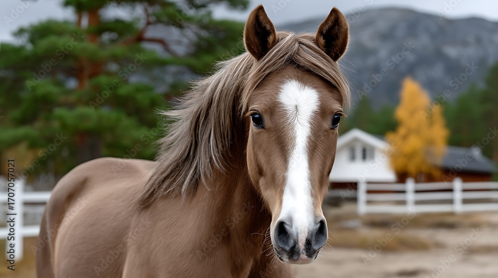 Obraz premium Beautiful brown horse with flowing mane in natural outdoor setting near home