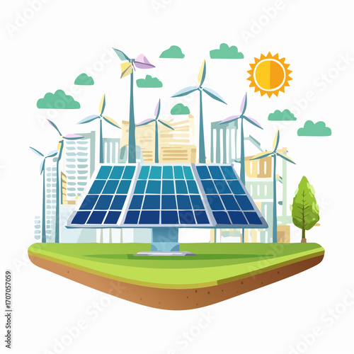 Green energy concept for a sustainable future smart city with solar panel and wind turbine power generation