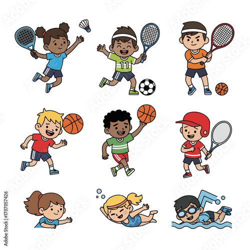 Collection of cute cartoon children playing different sports like tennis, swimming and basketball