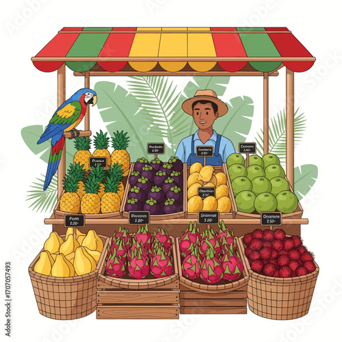 Friendly vendor at a vibrant farmer's market stall with a colorful selection of fresh tropical fruits