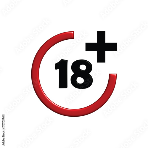 Glossy red and black 3D icon representing an eighteen plus age restriction for adult only content, isolated on a clean white background
