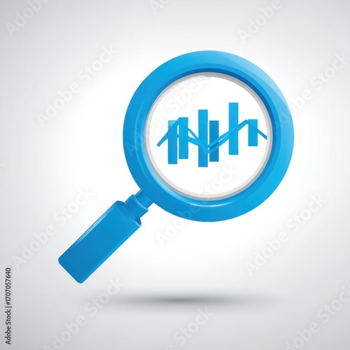 A blue magnifying glass with a chart within the lens, floating above a surface with a soft shadow, set against a light gradient background