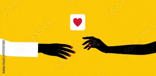 Illustration of two silhouetted hands reaching towards a heart symbol on a yellow background, suggesting connection and love