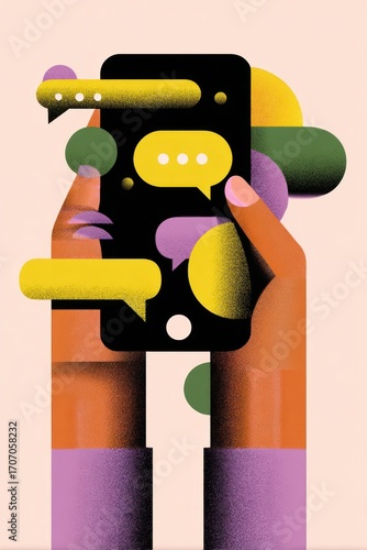Stylized illustration of hands holding a black phone with colorful speech bubbles hovering around the screen, set against a peach background