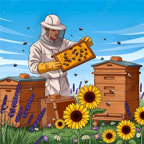 Beekeeper examining honeycomb in a field with sunflowers, bees, and beehives in bright sunlight