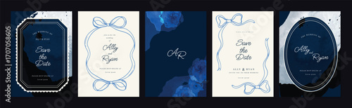 Wedding invitation card design vector set. Navy blue and white wedding card with ribbon,  frame and watercolor decorative texture. Design illustration for cover, poster, gala.
