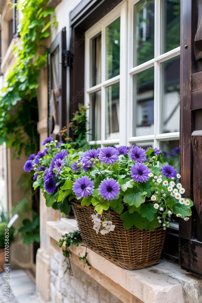 Fototapeta premium Purple daisy flowers growing in wicker basket under window
