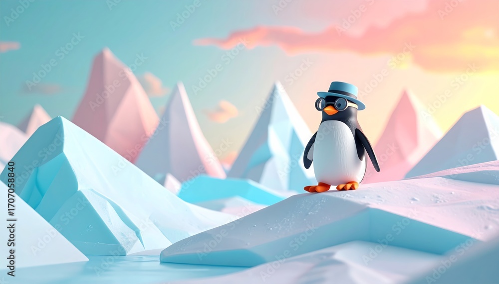 Obraz premium A clay animation-style penguin explorer with a monocle and explorer’s cap, waddling