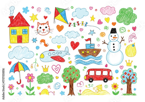 Illustration of childrens drawing with house, cat, snowman, bus, kite, and airplane