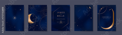 Wedding invitation card design vector set. Navy blue wedding card with little star, galaxy, moon, meteor, zodiac cosmic, frame and watercolor decorative. Design illustration for cover, poster, gala.