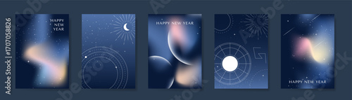 Happy New Year invitation card design vector set. Navy blue wedding card with little star, galaxy, moon,meteor, zodiac, cosmic and aurora decorative. Design illustration for cover, poster, gala.