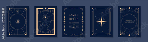 Wedding invitation card design vector set. Navy blue wedding card with little star,galaxy, magic cosmic, frame and moon decorative texture. Design illustration for cover, poster, gala.