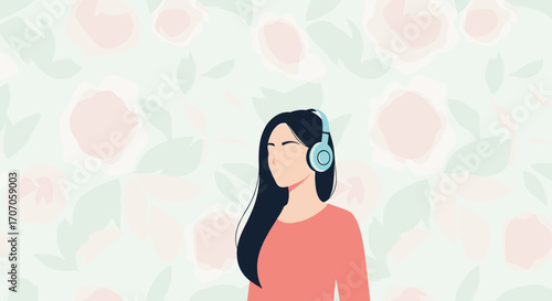 Young woman enjoying music with headphones on a floral background, feeling relaxed and calm