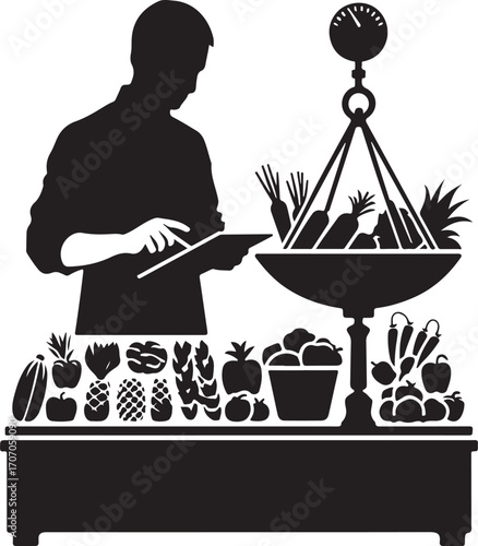 Grocer Weighing Products Vector silhouettes