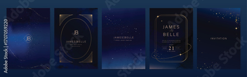 Wedding invitation card design vector set. Navy blue wedding card with little star, galaxy, moon ,cosmic, frame and watercolor decorative texture. Design illustration for cover, poster, gala.