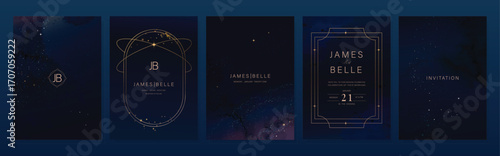 Wedding invitation card design vector set. Navy blue wedding card with little star, galaxy, moon ,cosmic, frame and watercolor decorative texture. Design illustration for cover, poster, gala.