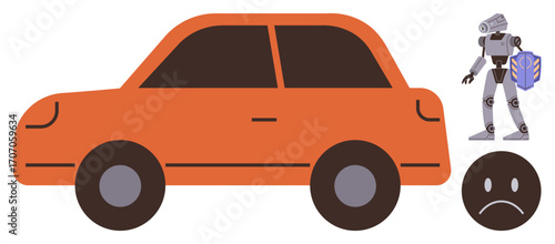 Orange car with a robot carrying a toolbox, symbolizing roadside assistance and mechanical repair. Sad face conveying frustration. Ideal for automation, car repair, troubleshooting, future tech
