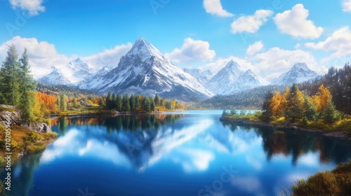 Autumn alpine lake reflection landscape