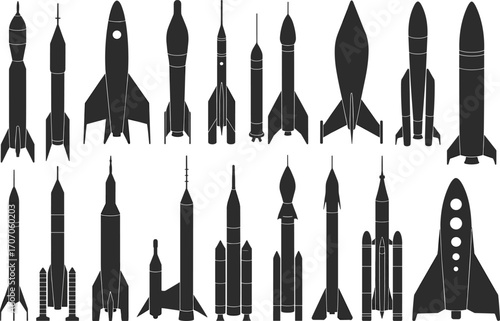 Rocket silhouette collection, space launch vehicles, missile icons, aerospace technology, space exploration rockets, launch systems vector, space transportation designs.