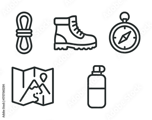 Line art of hiking essentials: rope, boot, compass, map, water bottle