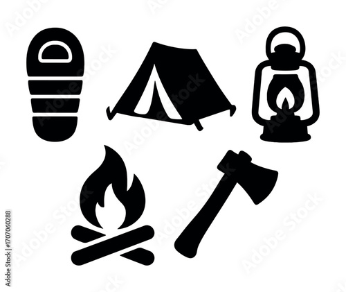 Camping essentials: tent, sleeping bag, campfire, lantern, and axe icons