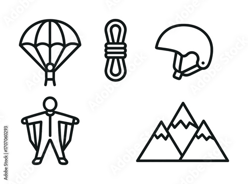 Outdoor adventure icons: parachute, climbing rope, helmet, wingsuit, mountain