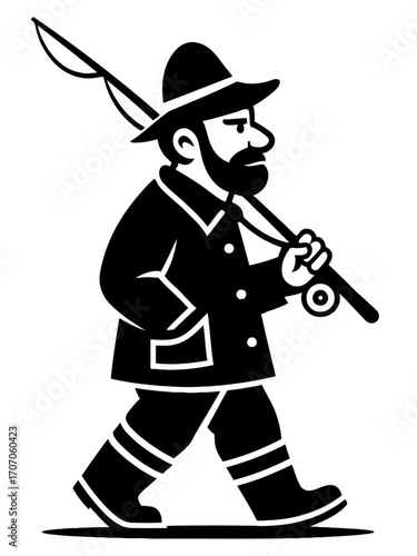 A simple black and white graphic illustration of a classic bearded fisherman in a raincoat and hat, walking with his fishing rod